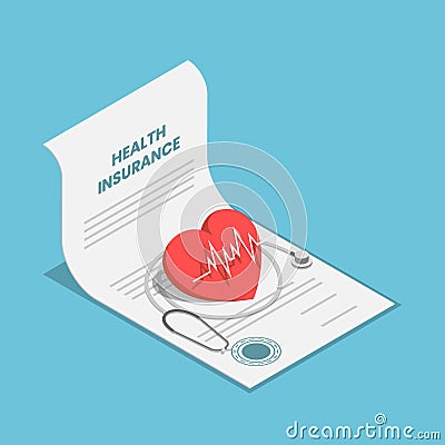 Isometric heart and stethoscope on health insurance contract document Vector Illustration