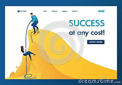 Isometric the help mentor to achievement the goal, climb the path to success. Template landing page Vector Illustration