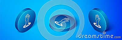 Isometric Helping hand icon isolated on blue background. Blue circle button. Vector Vector Illustration