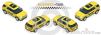 Isometric high quality city service transport icon set. Car taxi. Offroad truck Vector Illustration
