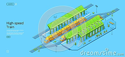 Isometric high-speed train and railway station Stock Photo