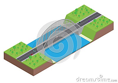 Isometric highway on the bridge over the river Vector Illustration