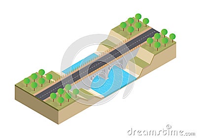 Isometric highway on the bridge over the river Vector Illustration