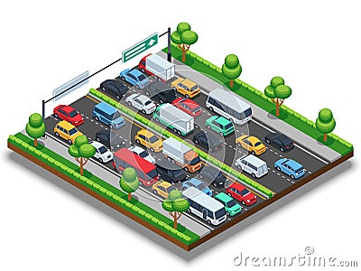 Isometric highway with traffic jam. 3d transportation vector concept with cars and trucks Vector Illustration