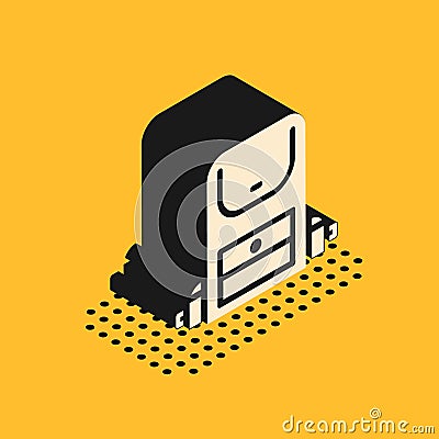 Isometric Hiking backpack icon isolated on yellow background. Camping and mountain exploring backpack. Vector Vector Illustration