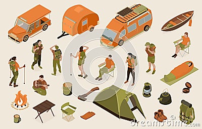 Isometric Hiking Icon Set Vector Illustration