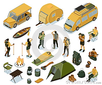 Isometric Hiking Icon Set Vector Illustration