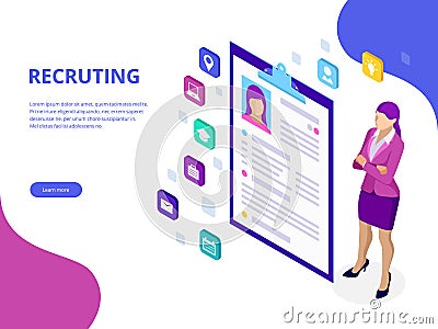 Isometric, hiring and recruitment concept for web page, banner, presentation. Job interview, recruitment agency vector Vector Illustration