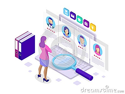 Isometric hiring and recruitment concept for web page, banner, presentation. Job interview, recruitment agency vector Vector Illustration