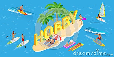 Isometric Hobby concept. Jet Ski, Sports. Surfer on Blue Ocean Wave. Fun in the ocean, Extreme Sport, water skiing Vector Illustration