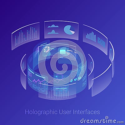 Isometric Holographic Virtual Reality VR HUD Head-Up Displays User Interface Cylindrical shape vector design illustration Vector Illustration