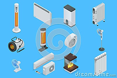 Isometric Home Climate Control Icons. Home climate equipment set fireplace, oil heater with screen controls. Can be used Vector Illustration