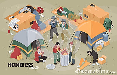 Isometric Homeless Camp Composition Vector Illustration