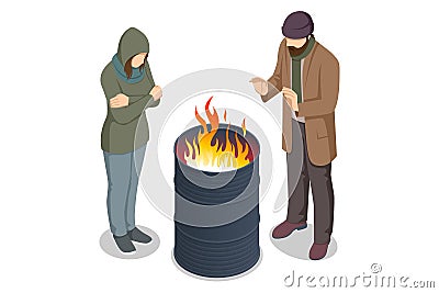Isometric homeless man and woman warm themselves near the fire. Underprivileged individuals, including homeless men and Vector Illustration