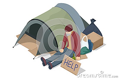 Isometric Homeless needing help, begging money man, bum. Tent with a homeless man on the road. A homeless man asks for Vector Illustration