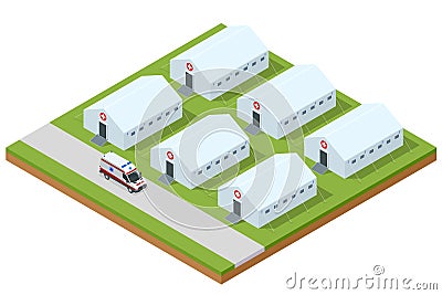 Isometric hospital field tent for the first AID and ambulance, a mobile medical unit for patient with Corona Virus. Camp Vector Illustration