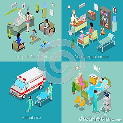 Isometric Hospital Interior. Doctor Appointment, Hospital Reception, Ambulance First Aid, Health Care Vector Illustration