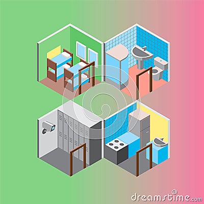 Isometric hostel rooms set vector illustration Vector Illustration