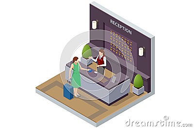 Isometric Hotel Reception Interior. Reception Desk. Young Woman Receptionist Character Standing. Tourism, Hotel Arriving Vector Illustration