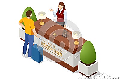 Isometric Hotel Reception Interior. Reception Desk. Young Woman Receptionist Character Standing. Tourism, Hotel Arriving Vector Illustration