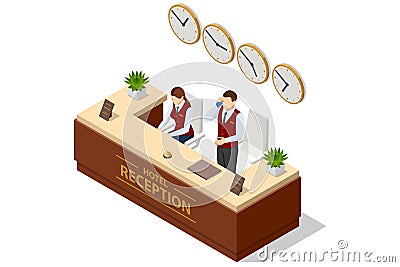 Isometric Hotel Reception Interior. Reception Desk. Young Woman Receptionist Character Standing. Tourism, Hotel Arriving Vector Illustration