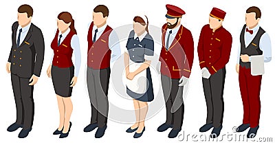 Isometric Hotel Services Receptionist Baker and Waiter, Cleaners and Porter, Hospitality Workers, Hotel Restaurant Vector Illustration