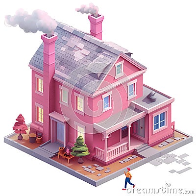 Isometric house with chimney and chimney. Stock Photo