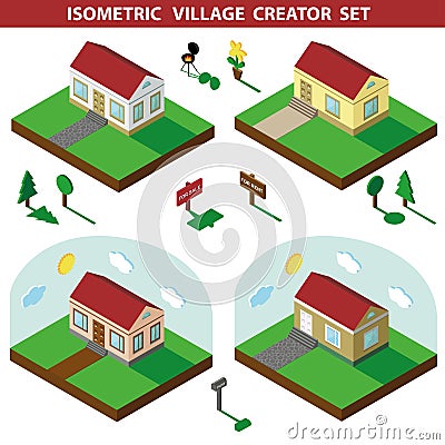 Isometric house.3D Village Landscape creator set Vector Illustration