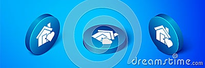 Isometric House with heart shape icon isolated on blue background. Love home symbol. Family, real estate and realty Vector Illustration