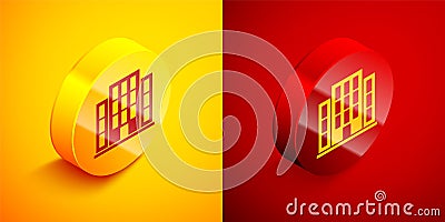 Isometric House icon isolated on orange and red background. Home symbol. Circle button. Vector Illustration Vector Illustration