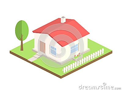 Isometric house on white background. 3d cottage with tree and fence. Real estate or home concept. Beautiful country Vector Illustration