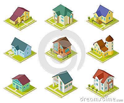 Isometric houses. Rural homes, building and cottages. 3d housing urban exterior vector set Vector Illustration