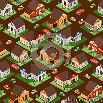 Isometric houses in seamless pattern, vector illustration. Wrapping paper with town streets of residential district Vector Illustration