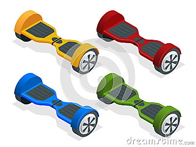 Isometric hoverboard or Gyroscooter. Set of vector illustrations. Self-balancing electric scooter. Alternative Eco Vector Illustration