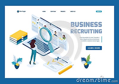 Isometric HR Manager, business recruiting manager reviews the resume options on the site. Template Landing page Vector Illustration
