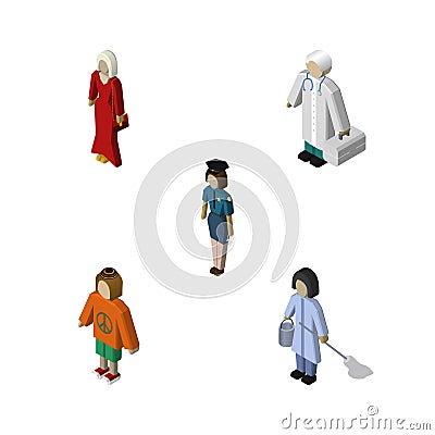 Isometric Human Set Of Housemaid, Policewoman, Female And Other Vector Objects. Also Includes Policewoman, Doctor, Medic Vector Illustration