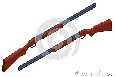 Isometric hunting rifle. Weapons for hunting and sport isolate on a white background. Double-barreled hunting shotgun. Vector Illustration
