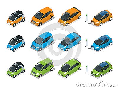 Isometric Hybrid, Electric and Mini Cars. City cars on white background. Flat 3d Vector compact smart car Vector Illustration