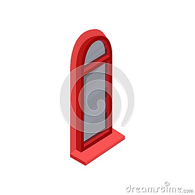 Isometric icon of arched window with bright red frame and gray glass. Vector element for mobile game or app Vector Illustration