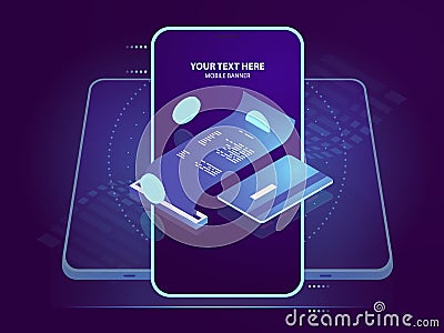 Isometric icon of electron payment, pay receipt with credit card, online bank security, blockchain and cryptocurrency Vector Illustration