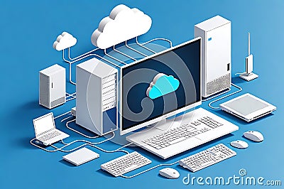 Isometric Icon Featuring an Array of Technological Equipment - Desktop Computers, Laptops, Networking Gear Stock Photo