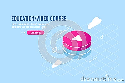 Isometric icon of red round play button, media player, video content, cloud storage of media files, flat vector Vector Illustration