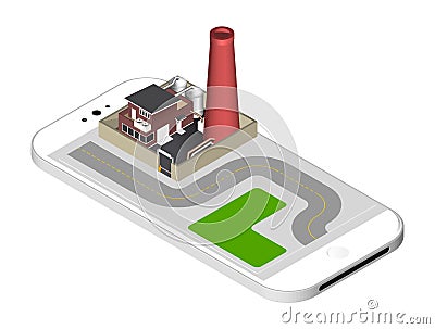 Isometric icon representing factory building with a pipe, cisternae, fence with a barrier - standing on the smartphone Vector Illustration