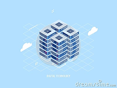 Isometric icon of server room rack, cloud storage technology, data center and database, data processing system, smart Vector Illustration