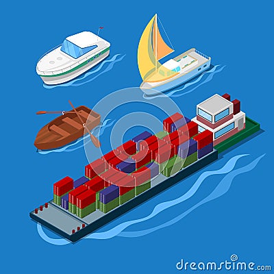 Isometric Icon Set with Container Ship Vacation Yacht and Boats Vector Illustration
