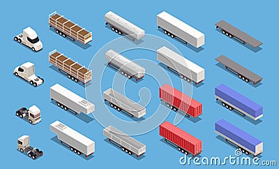 Isometric icons set with colorful cargo trailers and trucks isolated on blue background 3d vector Vector Illustration