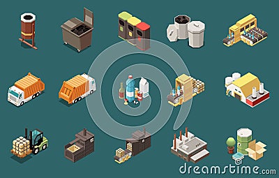 Garbage Recycling Isometric Icons Set Vector Illustration