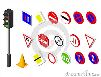 Isometric icons various road sign and traffic light. European and american style design. Vector illustration eps 10. Vector Illustration