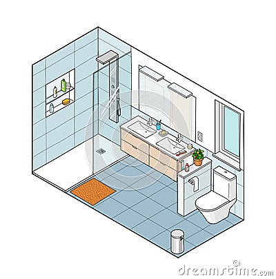 Isometric illustration of bathroom. Hand drawn interior view. Vector Illustration