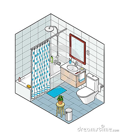 Isometric illustration of bathroom. Hand drawn interior view. Vector Illustration